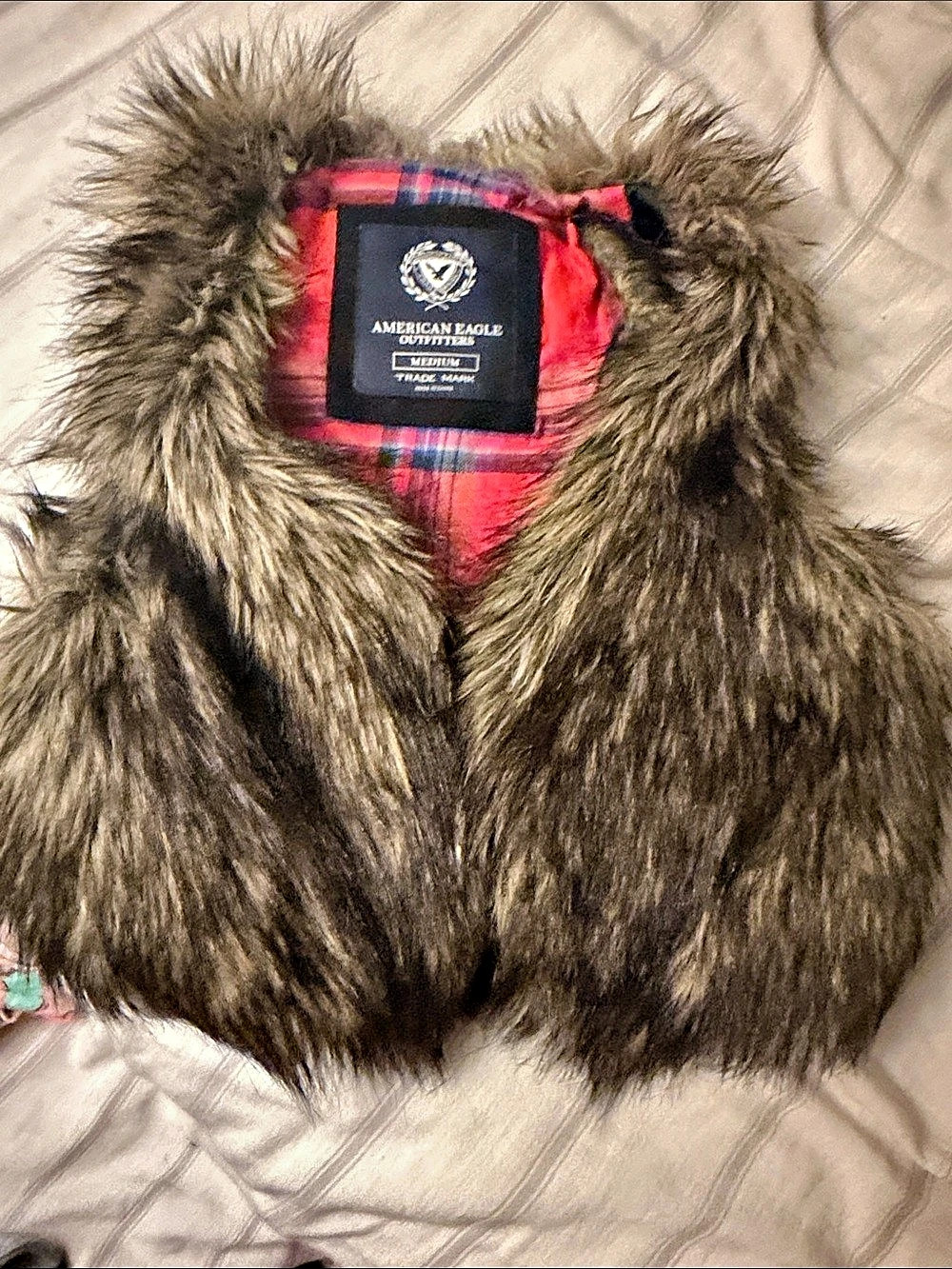 American Eagle Outfitters Faux Fur Plaid-Lined Vest Medium